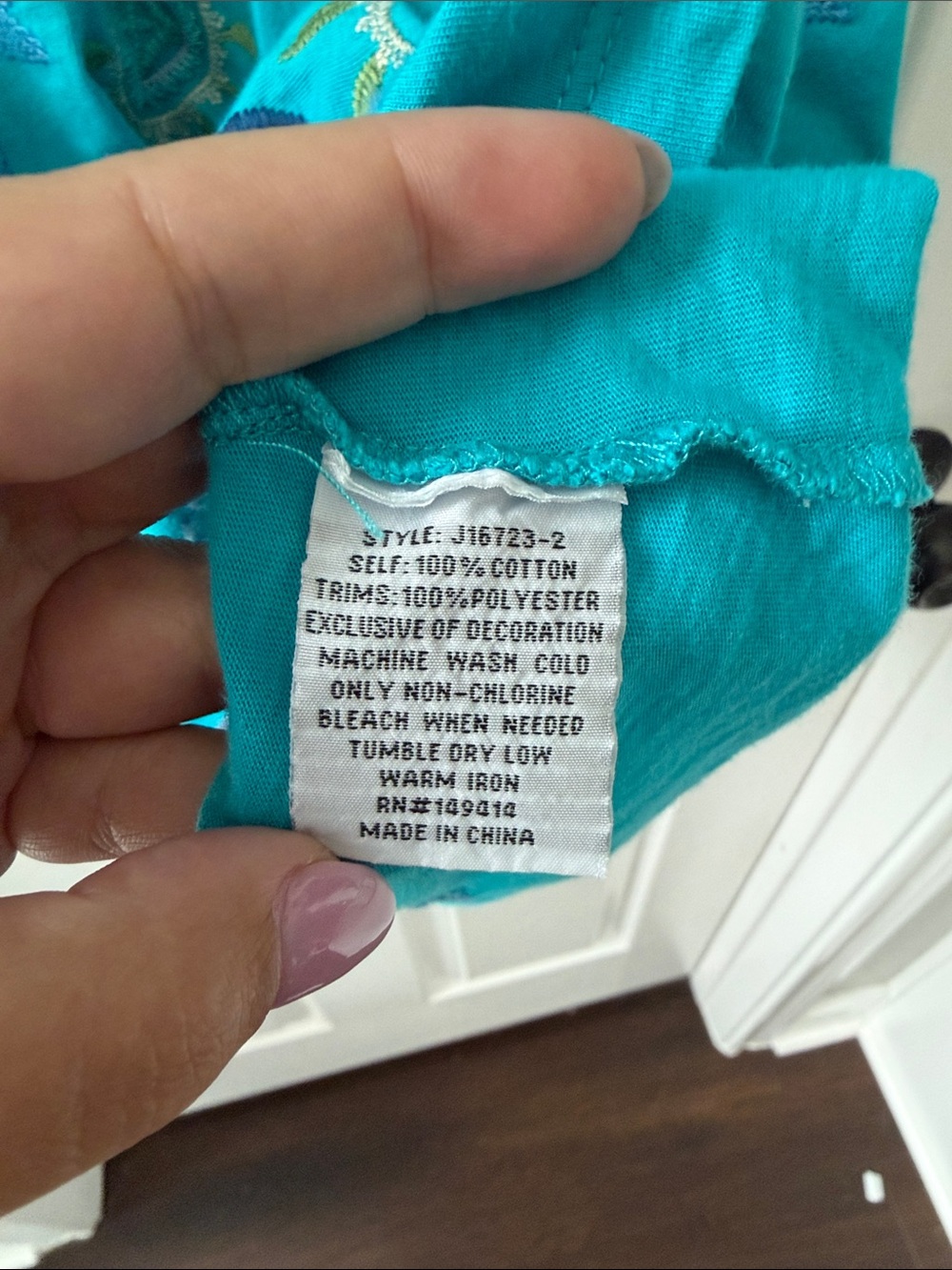 Johnny Was Teal Short-Sleeve Embroidered V-Neck Top - Picture 4 of 5